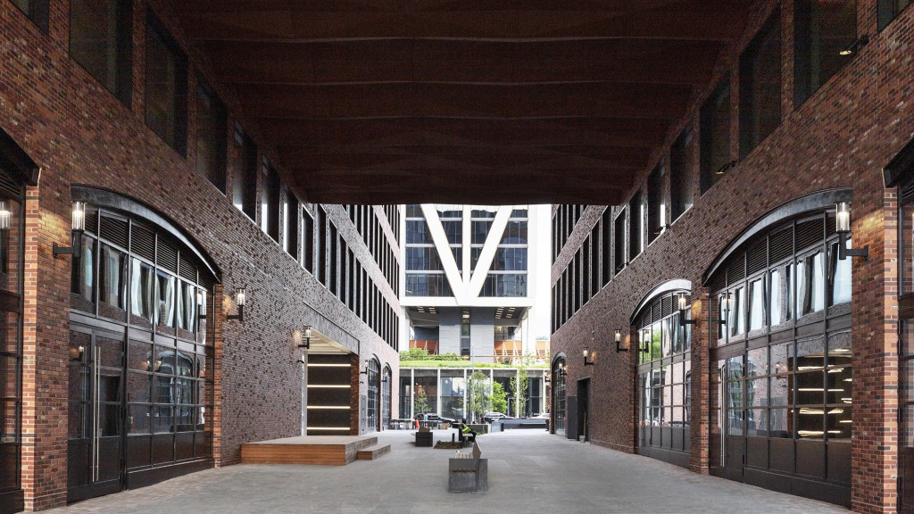 A large brick building with many windows.